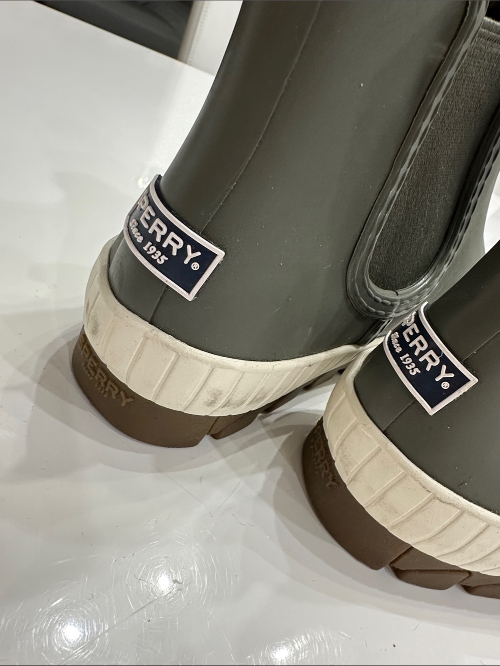 Sperry Torrent Chelsea Waterproof Rain Boots Olive Green Rubber Ankle Platform 7 - Picture 3 of 8